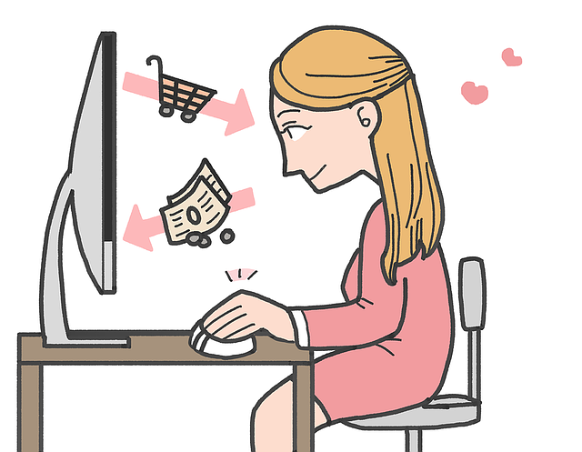 Žena nakupuje cez počítač, kreslené.png